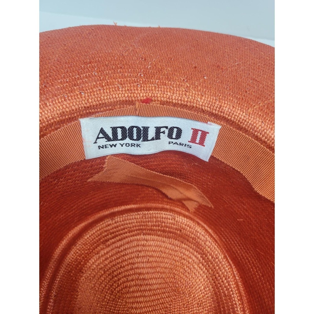 Adolfo II Vintage Wide Brim‎ Straw Hat Burnt Orange Gold Rope Tassel Pearl Pin - Picture 12 of 16